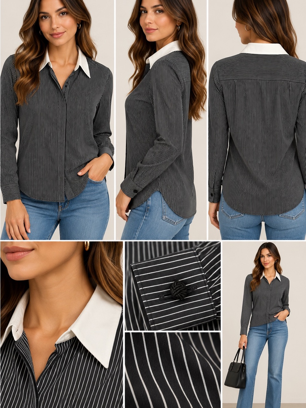 Ralph Lauren Black Pinstripe Button-Down Shirt with White Collar